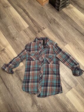 Women’s Plaid Button-Up Shirt in Teal and Navy